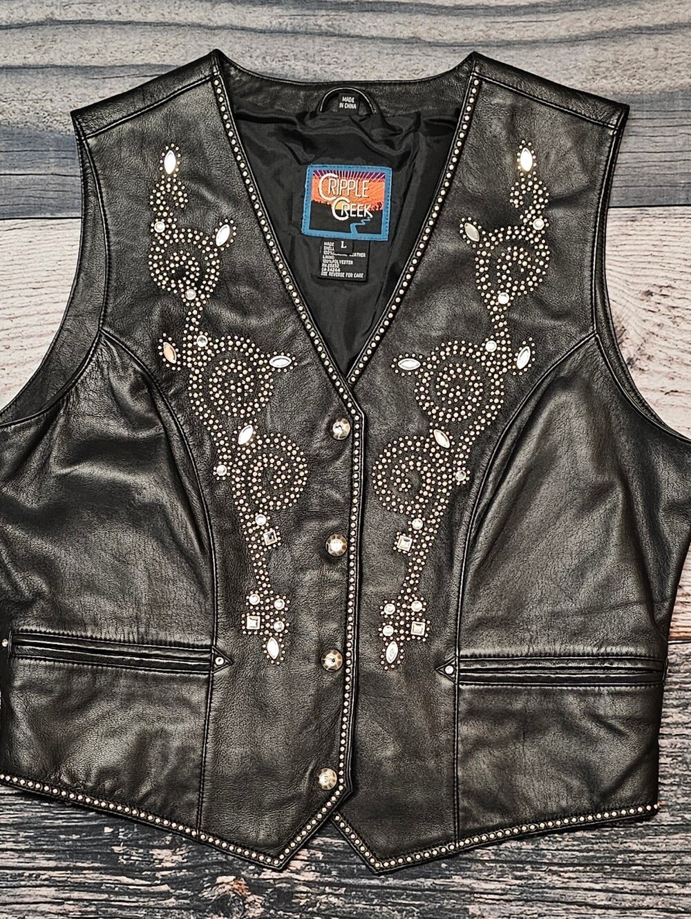Vintage Cripple Creek Leather Vest Metal Stud & Rhinestone Embellished Large